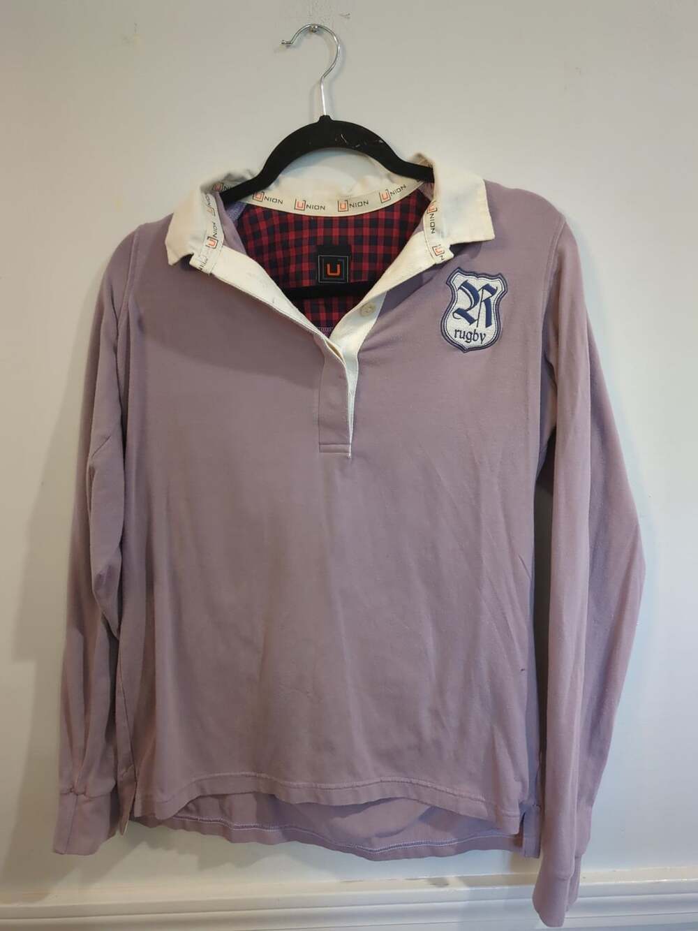 UNION Rugby Long Sleeve Polo Shirt Purple Size 2XL Plaid Lined Collar
